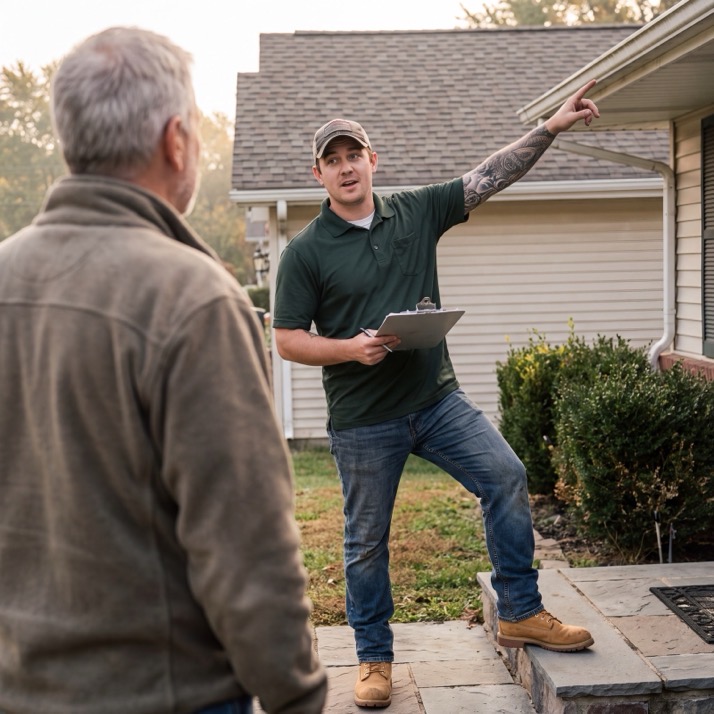 A roofer with a clipboard walking a homeowner through an estimate in the front yard
