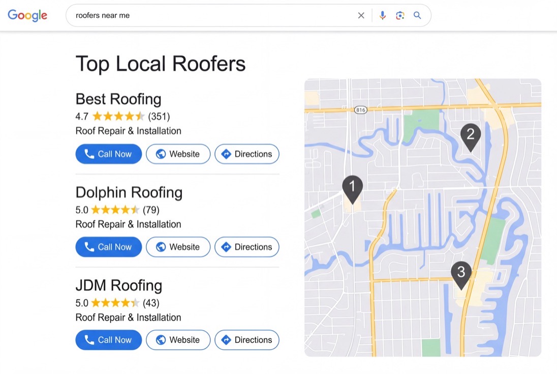 Google search results for roofers near me, showing the local map pack