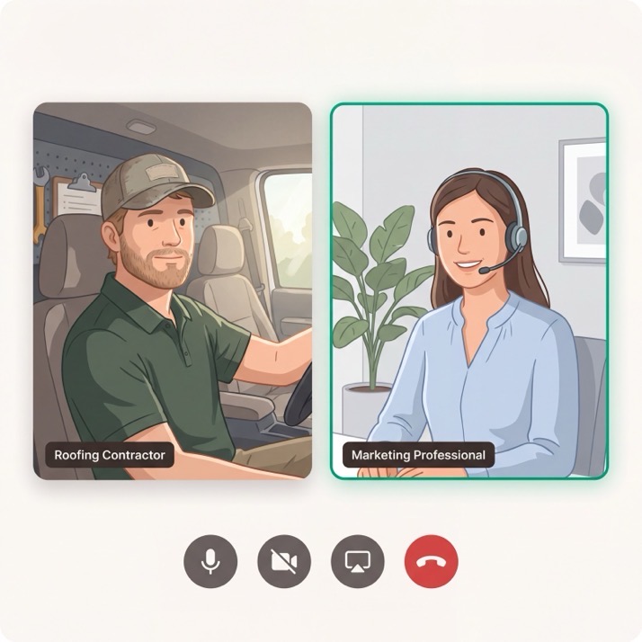 A video call between a roofing contractor in his truck and a Cornell Group marketer on a headset