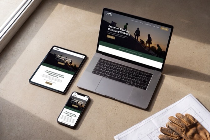 One roofing website shown across a laptop, a tablet and a phone